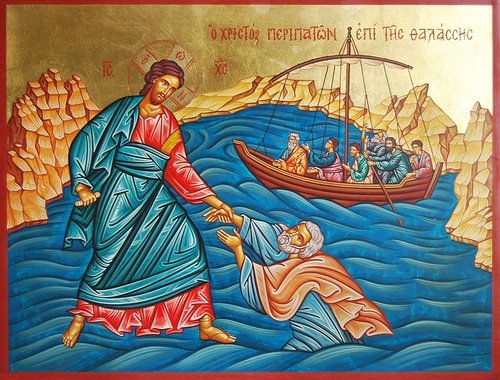 "Хождение по водам", икона; Христос смотрит только на апостола Петра